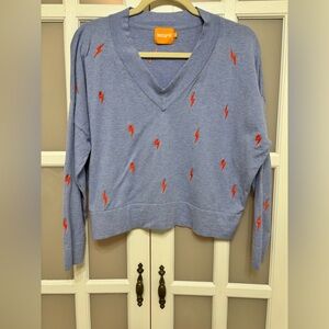 WISPR Lightning Bolt V-Neck Sweater Blue Embroidered Knit Size S